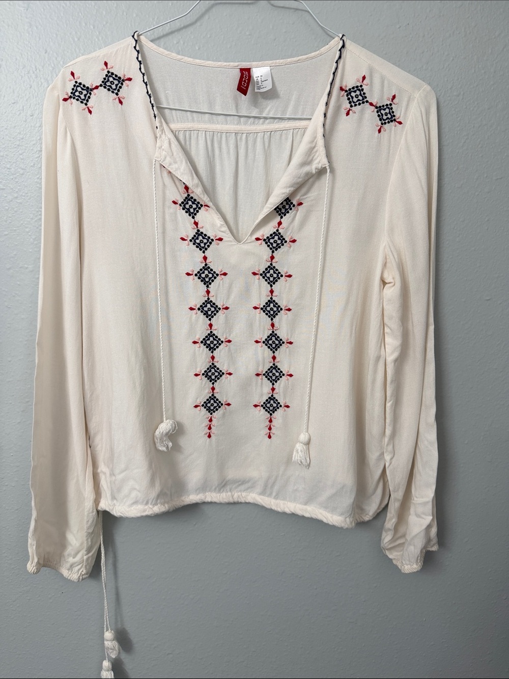 Any3 for $40. H&M Cream Peasant Tunic with Navy and Red Embroidery